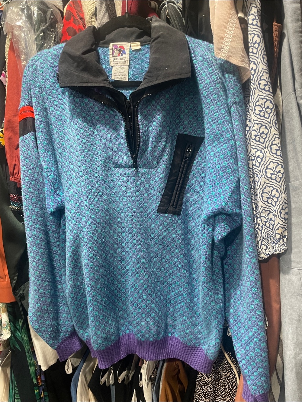 Peregrine Periwinkle Patterned Half-Zip Sweater with Black Trim - Men
